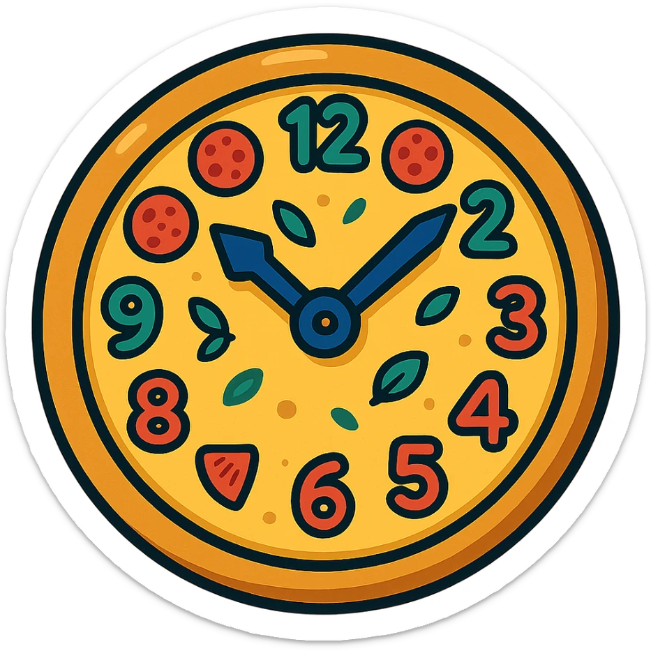 a round pizza with clock hands and numbers made of toppings, cartoon style sticker