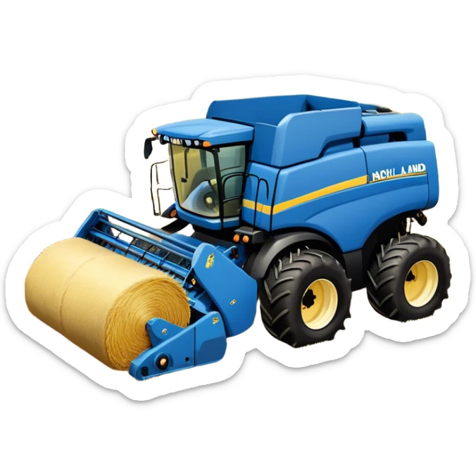 New Holland Roll-Belt 560 (2018) – Cinematic-realistic New Holland Roll-Belt 560 baler, its blue body steadily compressing golden hay into tight, round bales. The rhythmic motion of the machine continues as dust swirls in the afternoon heat, with rows of freshly cut grass stretching toward the horizon. sticker