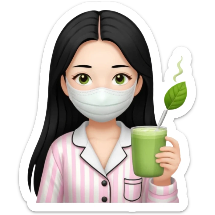chica de pelo lacio color negro cabellera larga piyama blanca con rayas rosa claras peo no tan claras no oscuras el bordado es negro al igual que los botones )tiene una mascarilla para la cara una mascarilla faciial blanca y sostiene un matcha  y es de test blanca  sticker