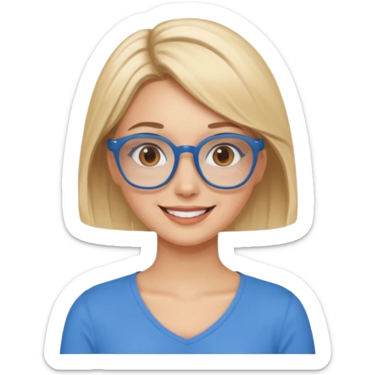 Asthectic pretty Blonde women brown eyes, blue glasses, waring a brown top smiling with hearts around her. sticker