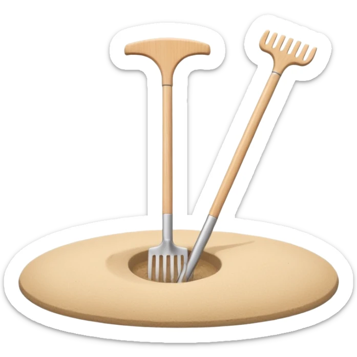 Minimalist emoji of a Japanese zen garden rake with four teeth, elegant thin lines, light wood tone, sand-beige palette, flat vector style, calm and balanced aesthetic, zen-inspired, transparent background, premium minimal design sticker