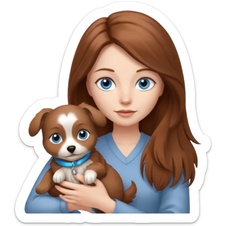 long hair chestnut color blue eyes woman holding small grey dog sticker