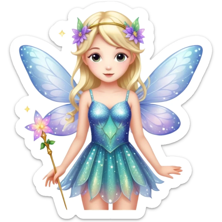 Cute fairy girl with delicate wings, sparkly wand, floral dress, and magical glitter sticker