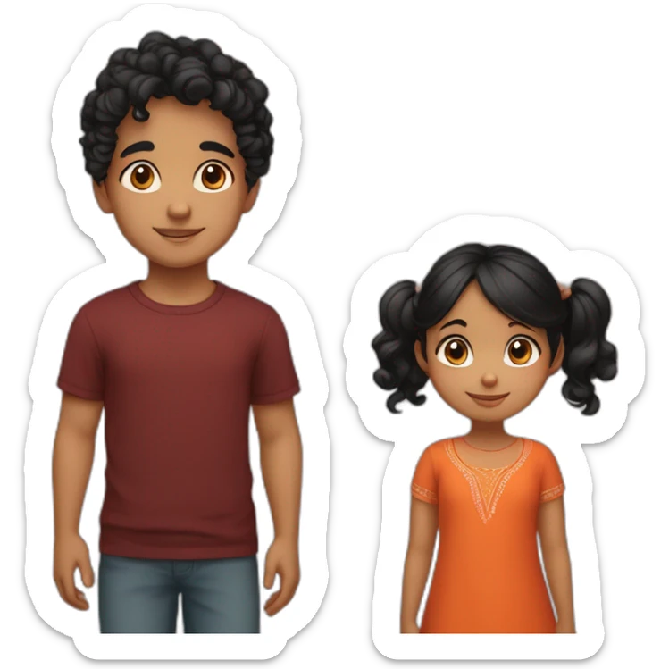 smiling 3 years old indian girl with black curly hair in pigtails wearing a orange dress with a smiling 3 years old white skin indian boy with straight black hair wearing a dark red sweater sticker