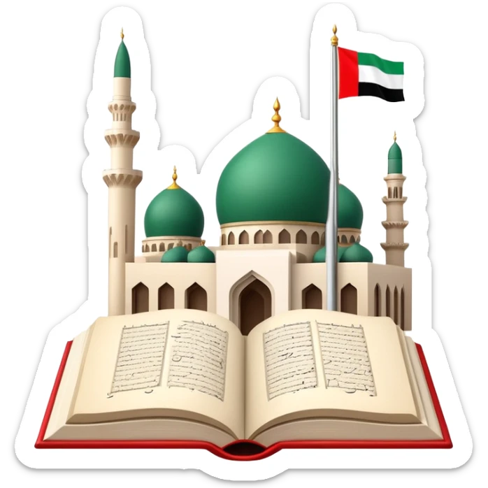 An icon featuring the mosque and the flag of United Arab Emirates, symbolizing the Arabic language. The design includes an open book with Arabic script and calligraphy, representing language learning and cultural heritage. Transparent background sticker