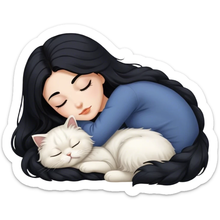 A pretty white girl with very long black hair and sleeping curled up to a Persian cat  sticker