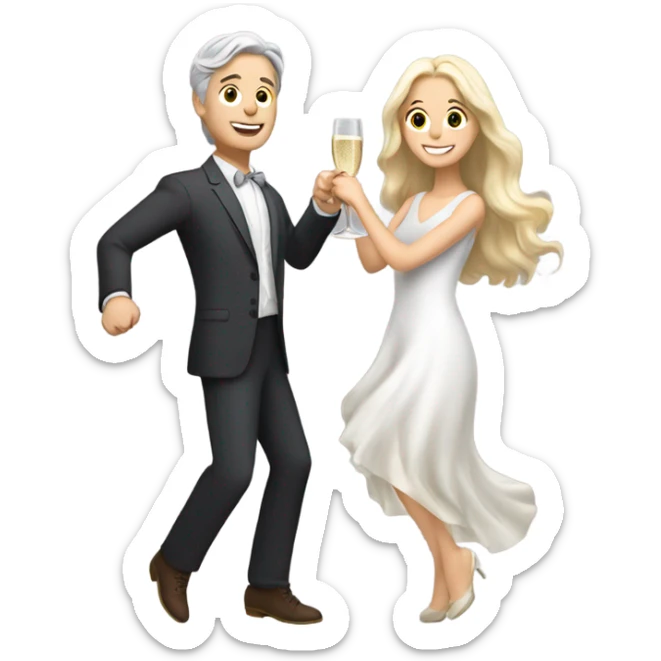 a white boy with gray hair and a girl with long blond wavy hair dancing with a glass of champagne sticker