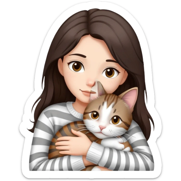 a girl with long dark brown hair, in a
white sweater and brown eyes, hugs a tabby
grey and white strips one cat.  sticker