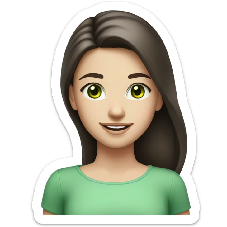  Caucasian smiling girl with long dark brown hair and green eyes and a round face and pink lips sticker