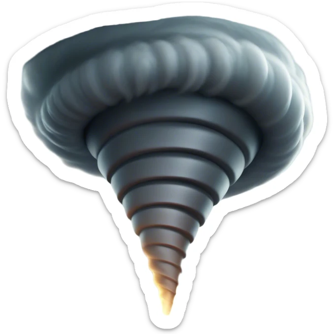 Cinematic Realistic Tornado Emoji, Spiraling fiercely, with dark swirling clouds that twist and stretch downward in a funnel shape. The winds whip up debris as the tornado roars across the landscape, leaving a trail of awe and fear. Soft glowing outline, capturing the essence of wild force and unpredictable power in a mighty tornado! sticker