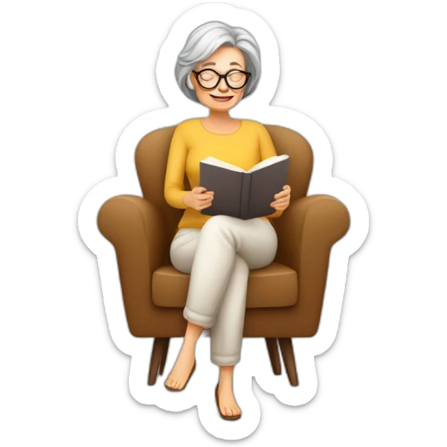 50 years old  woman, glasses, armchair, Reading at home, drinking a coffee, relax sticker