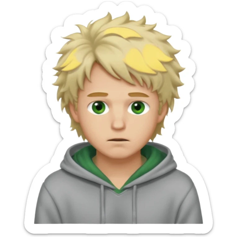 Hot, fluffy messy  hair blond guy with green eyes and grey hoodie closed mouth sticker