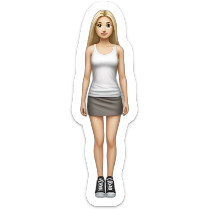 caucasian woman, with long straight hair, blonde hair, brown eyes, white tank top, gray tight mini skirt, black shoes, full body, hyperrealist drawing sticker