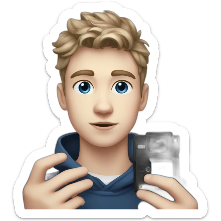 white blue eyed teen boy with dark blonde hair stands with a black polaroid onestep sticker