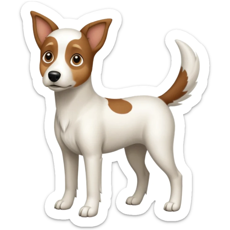 a full body large white floppy eared parson russell looking dog the size of a kelpie with light brown ears and a light brown patch on one eye and a large snout sticker