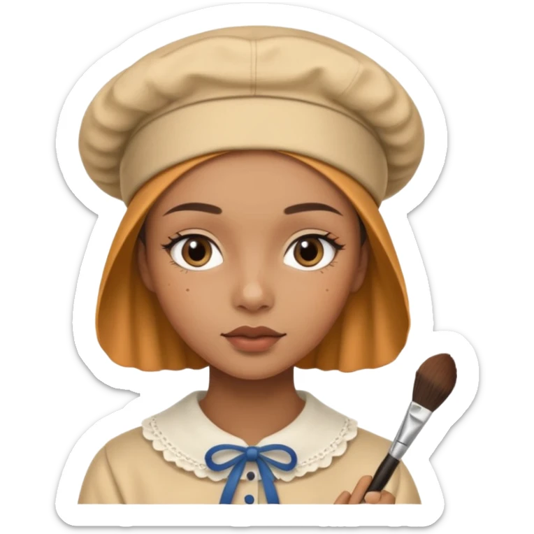 19 year old woman with a bonnet doing her makeup no hair showing caramel skin sticker