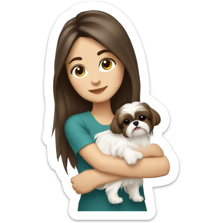 Young brunette hair woman with a cream shih tzu in her arms long hair sticker