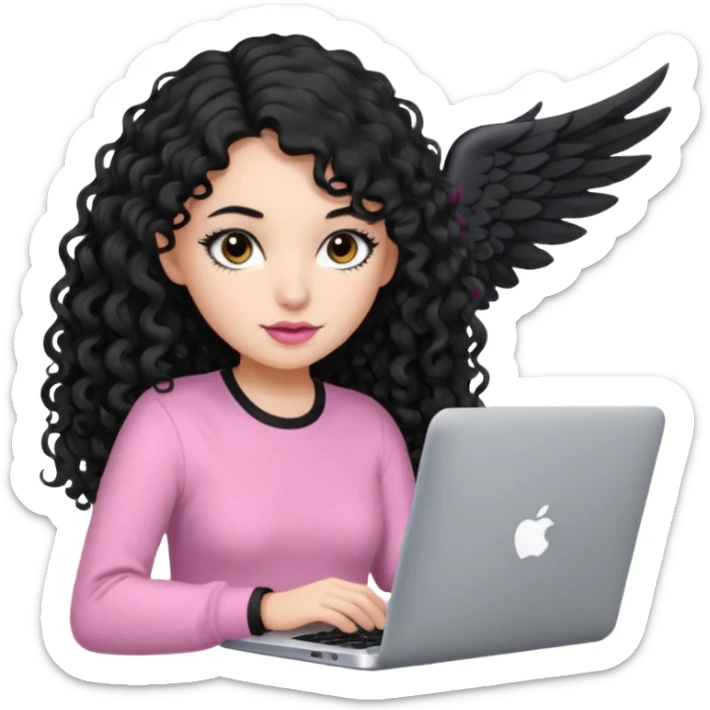 a girl typing mac book with long black curly hair and brown eyes with winged black eyeliner, pink shirt sticker