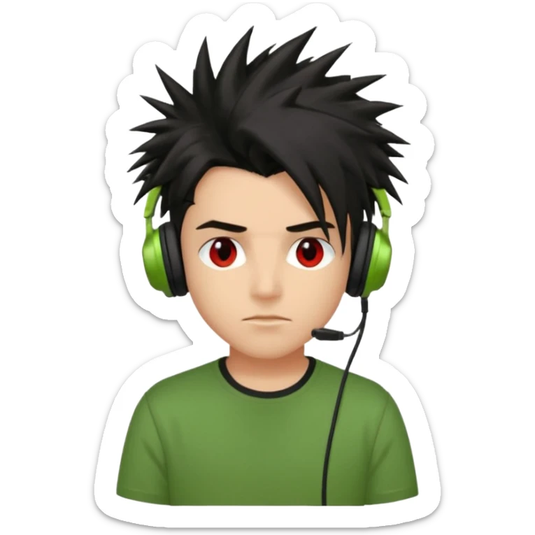 chico pelo medio largo ojos rojos y una camisa verde pelo tipo spike y unos audifonos pelo negro y mas voñuminoso sticker