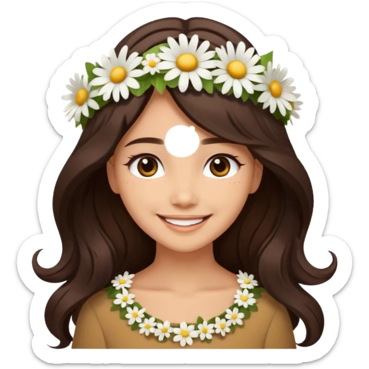Medium skin tone female, long dark-brown hair with gentle waves, wearing a white daisy floral crown. sticker