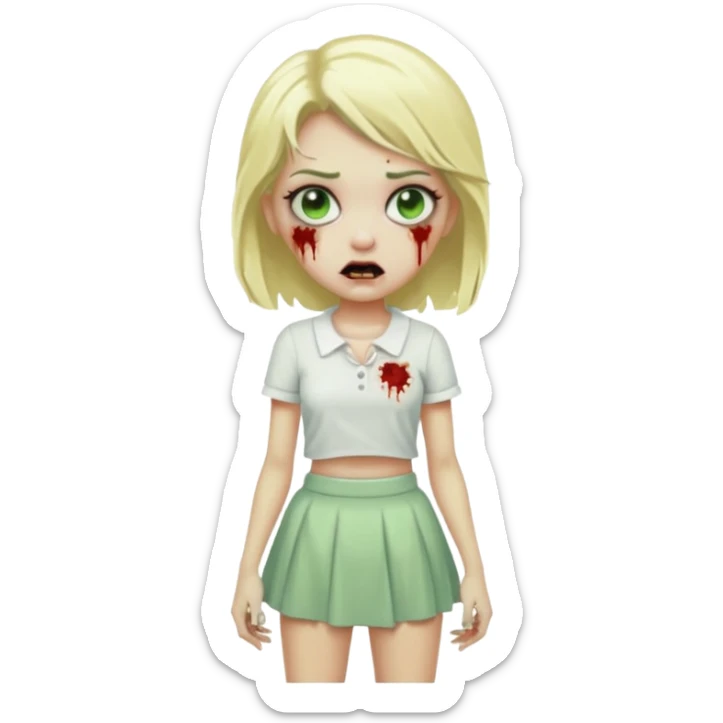 zombie blonde girl with white skirt, green skin and that it be in frontal zoom form sticker