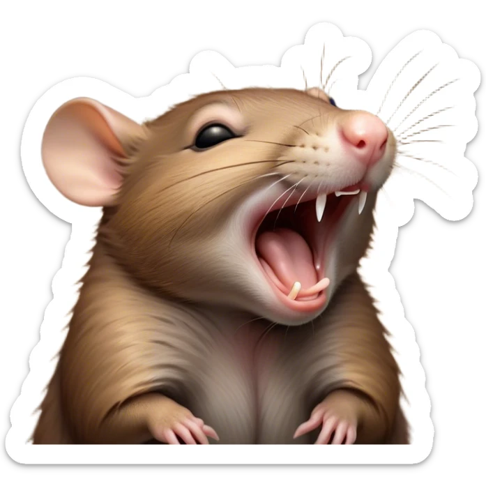 Cinematic Cute Yawning Brown Rat Portrait Emoji, Head tilted slightly with a dramatic, wide-open yawn, showcasing a soft, sleek brown coat with tiny drooping ears and half-closed eyes in drowsy contentment, Simplified yet irresistibly adorable features, highly detailed, glowing with a soft, cozy glow, high shine, relaxed yet expressive, stylized with a dash of urban charm, soft glowing outline, capturing the essence of a sleepy yet affectionate rat that seems ready to stretch out for a nap! sticker