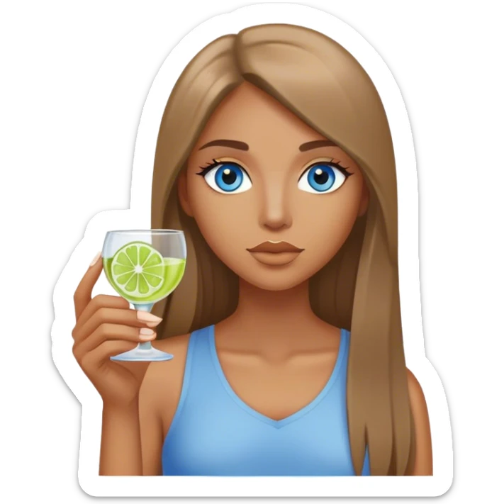 tan woman, long light brown straight hair, grey blue eyes, holding a shot with lime sticker