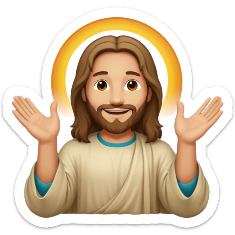 Cartoon sticker of Jesus smiling, hands together. Vibrant colors, white background. Large text: 'AMÉN'." sticker