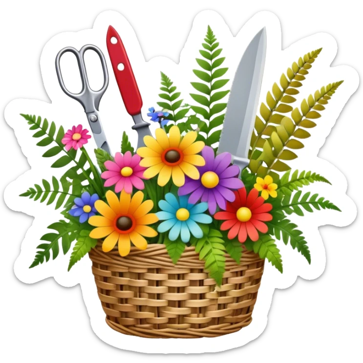 Icon for Floristry: a woven basket with flowers, reeds, ferns, bright ribbons and a small plush toy. Add big garden scissors and knife above. The icon should represent creativity in flower arrangement and decorative design. Transparent background. sticker