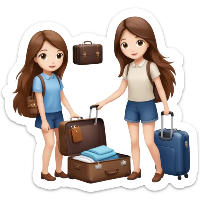 Two beautiful girls with long brown hair packing a suitcase,clean-girl aesthetic sticker