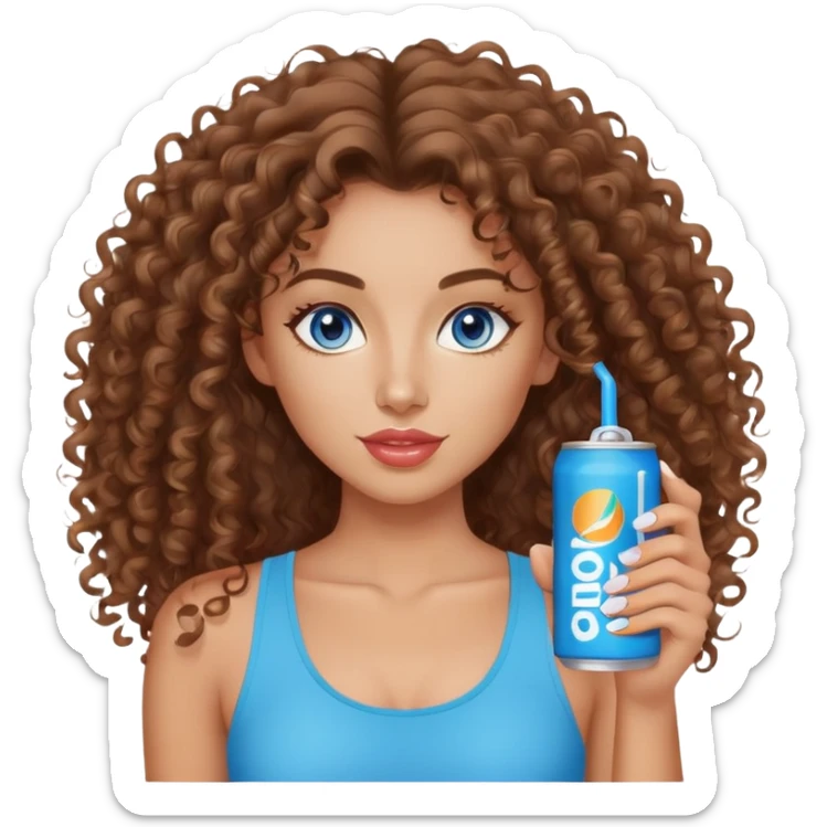 Brown Curly haired, Blue eyed woman holding one alani energy drink can, no straw simple, long hair. She’s wearing a cute trendy top and has lip glodd sticker