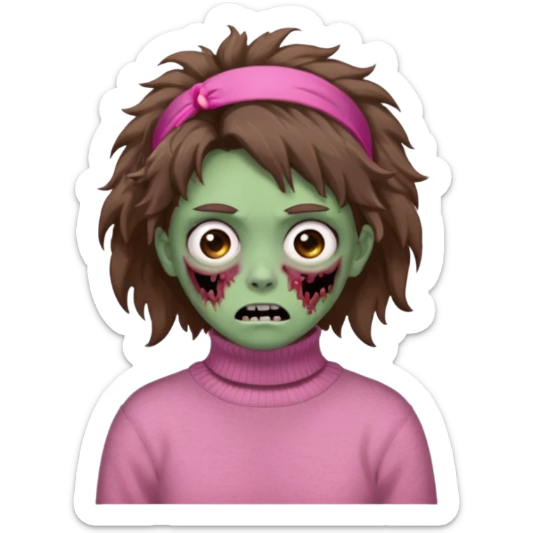 brown fluffy haired zombie with pink turtleneck sweater and hair band sticker