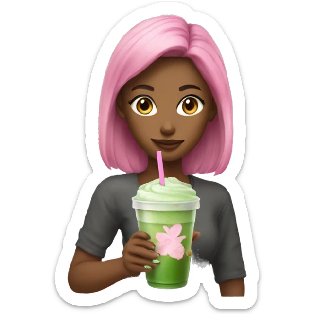 Pretty girl holding glass cup of iced matcha with pink straw  sticker