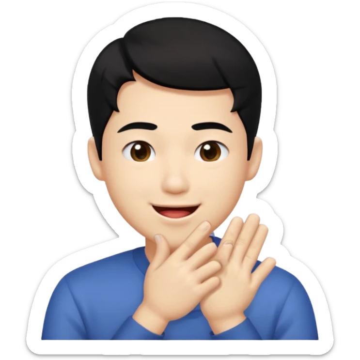 Asia guy black hair side part rubbing hand together and smirking with tongue out on the side a bit little eye and hands together sticker