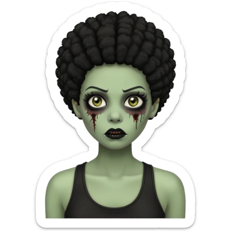 a female zombie with sage green skin, black afro hair, eyelashes and a black tank top sticker
