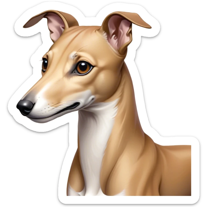 Cinematic Noble Fawn Greyhound Portrait Emoji, Poised and regal, with a slender, aerodynamic build and a smooth, elegant fawn Fur, deep-set soulful eyes, Simplified yet sharp and sophisticated features, highly detailed, glowing with a soft, dignified glow, high shine, intelligent and agile, stylized with an air of grace, focused and attentive, soft glowing outline, capturing the essence of a watchful and swift companion, so majestic it feels as though it could dash out of the screen with effortless authority! sticker