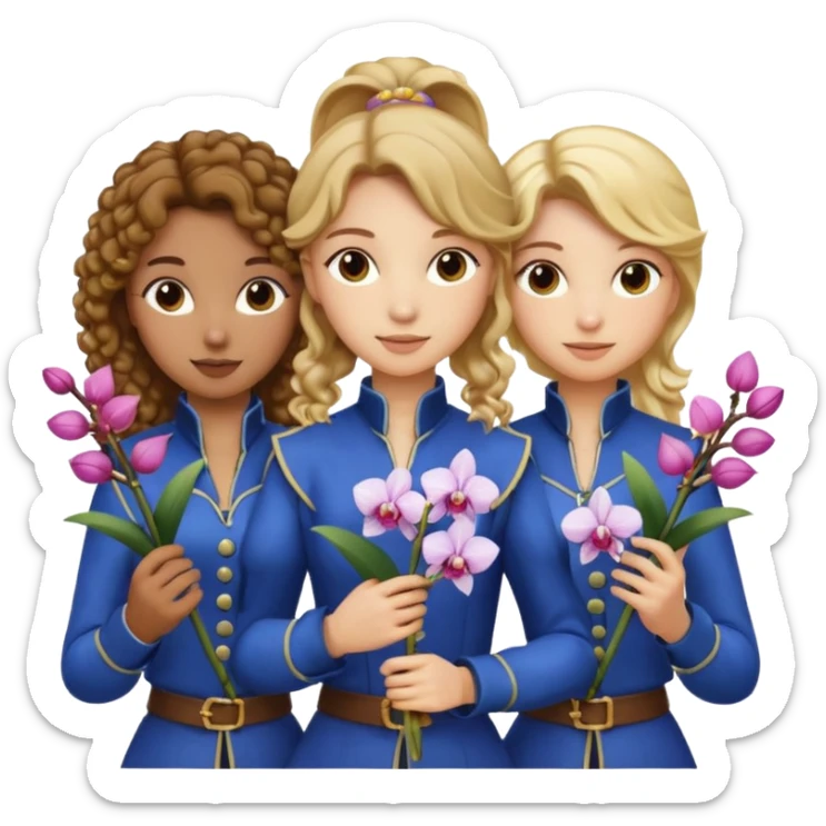 3 female musketeers, oneceith brown curly hair, one with straight blond hair, one eith blond hair on pony tail, all holding orchids sticker