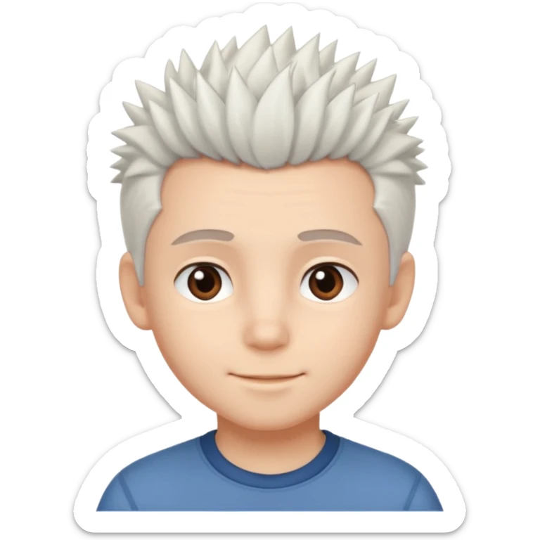 A light-skinned boy with soft, spiky white hair,, brown eyes, and a gentle smile. sticker