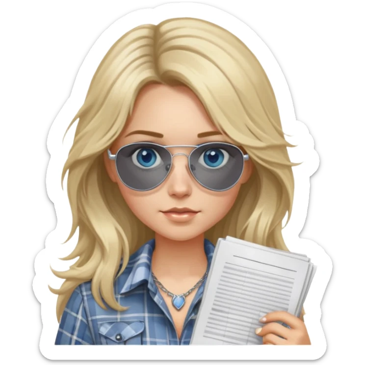 girl with long blond messy hair wearing grey plaid shirt with blue eyes and aviator sunglasses wearing a ring on her silver necklace, holding lawyer papers sticker