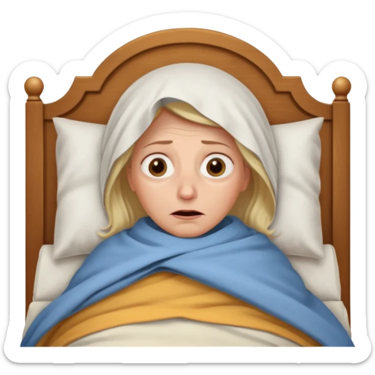 A 55-year-old woman lying in bed, unable to sleep. She looks exhausted and desperate, with visible dark circles under her eyes, tired facial expression. She is under the blankets, staring at the ceiling.  sticker