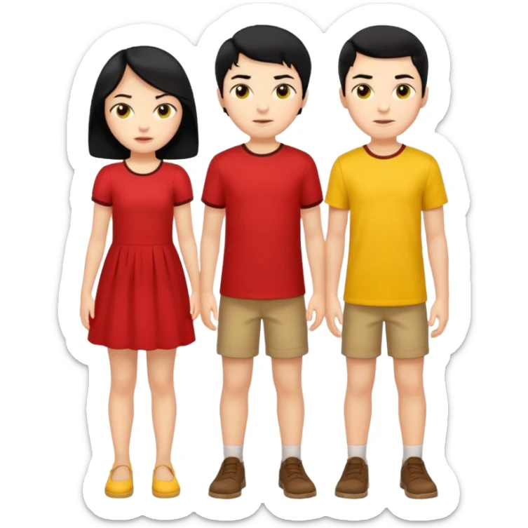 a boy with black hair and red shirt is between the legs of a girl with black hair and yellow dress sticker