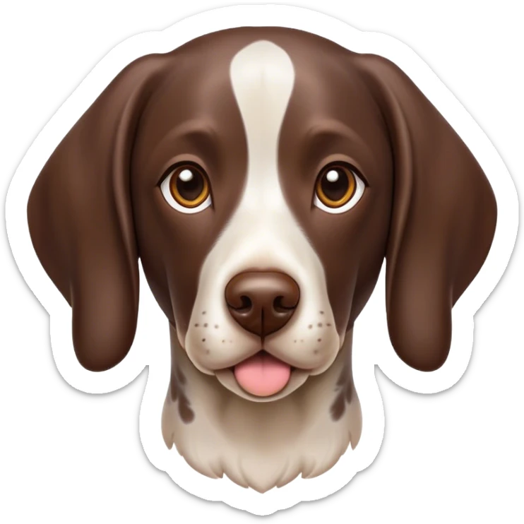 portrait of Cinematic Cute German Pointer Portrait Emoji, Playful and charming, soft brown and white tones, Simplified yet expressive features, highly detailed, glowing with a warm, friendly glow, high shine, joyful and loyal, stylized with a touch of whimsy, curious and alert, soft glowing outline, capturing the essence of a playful pup ready for adventure, so endearing it feels like it could jump out of the screen and wag its tail! sticker