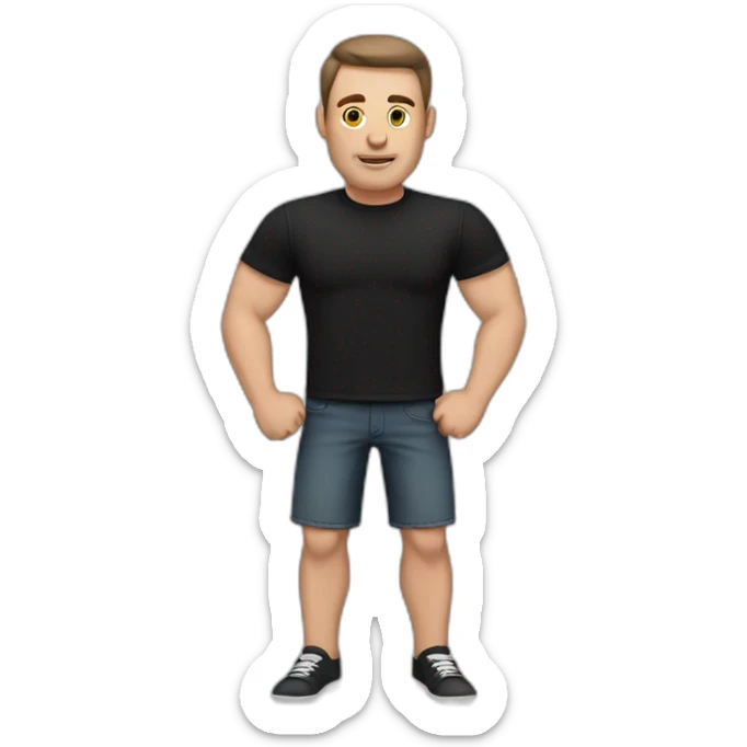 shaved white man with dark brown hair and wearing a black t-shirt sticker