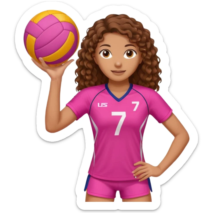 une joueuse de volley de debout (on voit ses jambes) qui joue (blanche brune avec des cheveux longs boucles) (avec une tenue ROSE avec le numéro 7) et une balle avec 2 couleurs orange et BLANC  sticker