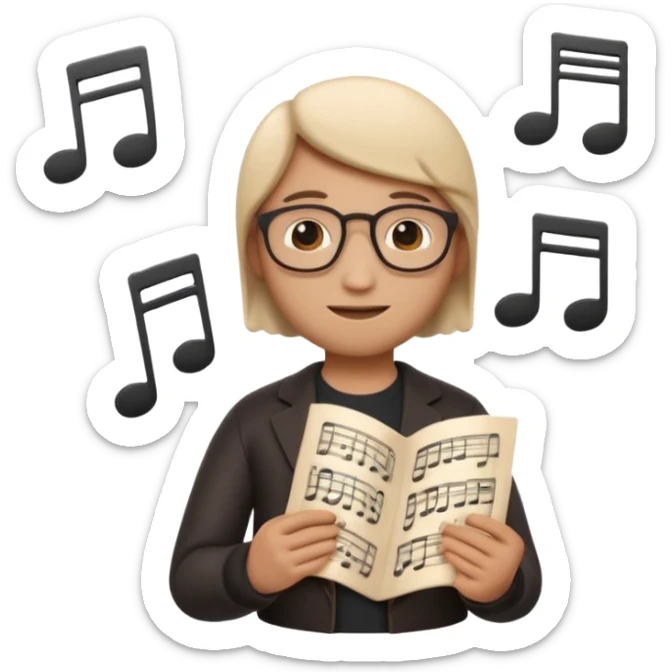 Apple Memoji-style 3D emoji of a composer holding sheet music, soft shading, rounded shapes, no background. sticker