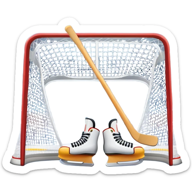 An icon showing a close-up of a hockey stick, puck, skates, and hockey net placed on the ice. The background features a packed stadium with bright lights, cheering fans, and snowy scenery outside. Transparent background highlights the key elements of the game. sticker