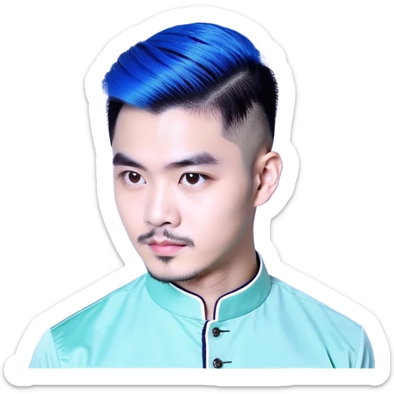 Nam 15 tuổi, da trắng, tóc under cut màu xanh lá cây vuốt ngược ra sau, mắt đen, áo khoác da màu cam , bên trong mặc áo cộc tay màu trắng, đeo khuyên tai màu bạc, mặt ngầu sticker