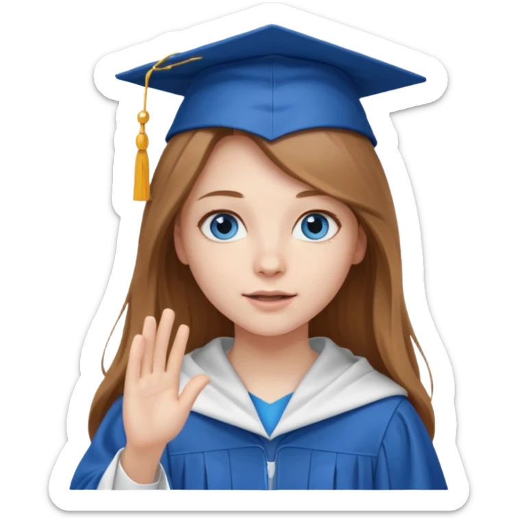 light brown haired girl with long hair, blue eyes, pale skin, wearing graduation regalia with white hood, throwing cap sticker