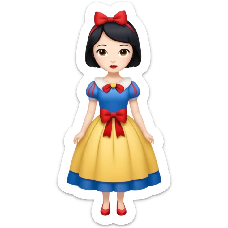 full body Snow White with blue and yellow dress, short black hair with red bow, minimal style sticker