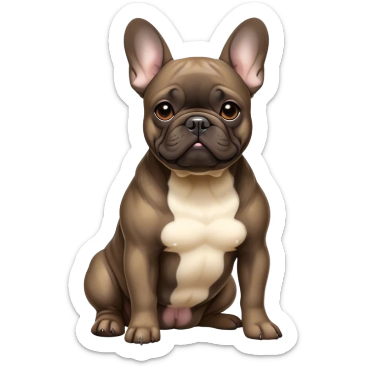 Cinematic Noble Brindle French Bulldog Portrait Emoji, Poised and regal, with a compact, muscular build and a sleek, well-groomed brindle coat accented by subtle fawn highlights, deep-set soulful dark eyes, Simplified yet sharp and sophisticated features, highly detailed, glowing with a soft, dignified glow, high shine, intelligent and determined, stylized with an air of authority, focused and attentive, soft glowing outline, capturing the essence of a watchful and confident companion, so majestic it feels as though it could strut out of the screen with effortless authority! sticker